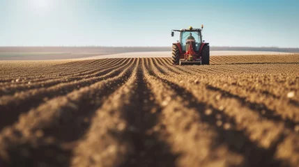 Foto op Aluminium A modern tractor plows through an expansive agricultural field, preparing the soil for a new planting season under a clear sky. AIG41 © Summit Art Creations