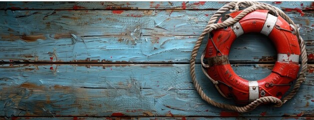 a lifebuoy against a textured wooden background, adorned with rope and fishing net, offering ample copy space for custom text. - obrazy, fototapety, plakaty