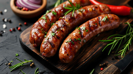 Spiced gourmet sausages with herbs on wooden board. Shallow field of view. - obrazy, fototapety, plakaty