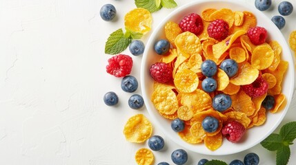 Fototapeta na wymiar Nutritious american breakfast cornflakes, berries, and honey on white background with copy space