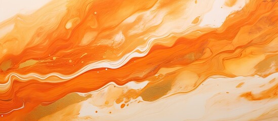 A closeup of a painting with vibrant orange and white paint creating a mesmerizing pattern on a...