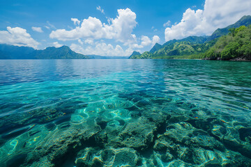 A clear blue water with a mountain in the background