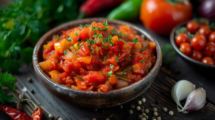 The generous amount of tomato sauce adds a burst of tangy zest, enriching every bite with the flavors of sunrid tomatoes. - obrazy, fototapety, plakaty