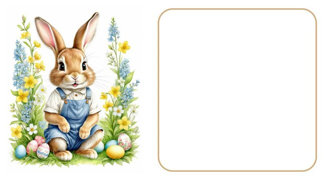 Easter video card. Greeting card with cute bunnies for Easter day. Rabbit with Easter eggs among beautiful meadow flowers. Free space for the text of congratulations with a golden frame. Video mockup