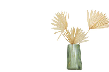 glass vase with dry palm leaves. Decor. boho style
Isolate on transparent. PNG format available

