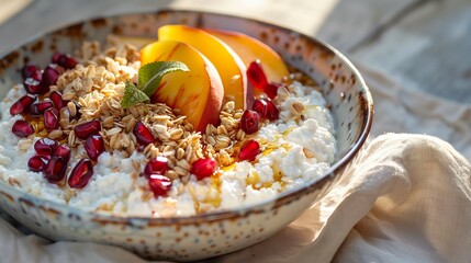 Bowl of cottage cheese and sliced peach topped with pomegranate seeds and sprinkled with granola. Dessert with cream cheese, peach, granola and drizzled with honey. - obrazy, fototapety, plakaty