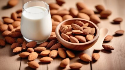 Almond milk in a glass and almonds on a wooden table. - obrazy, fototapety, plakaty