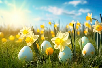 Easter eggs on meadow with daffodil flower - generative ai