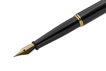 A sleek black pen with a luxurious gold tip resting on a pristine white background