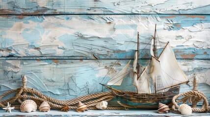 an antique sailing boat toy model surrounded by ship, rope, and seashells on a serene white and blue wooden background, offering a nautical ambiance and ample empty space for text.