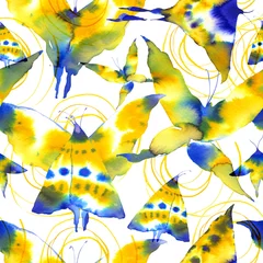 Afwasbaar Fotobehang Aquarel prints Beautiful spring Seamless pattern of flying butterflies yellow and blue colors. Watercolor illustration on white background.