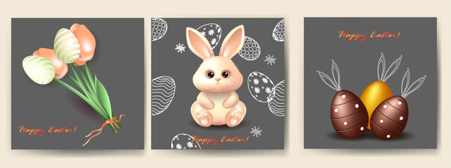 Happy Easter greeting card set. Cute bunny , Easter eggs and tulips on gray background.