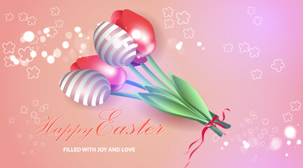Bouquet of decorative tulips on pink background. Happy easter banner design template. 