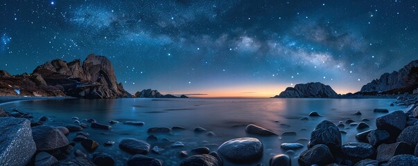 Fototapeta premium Picturesque landscape of mountain ridge near wavy sea under starry sky at night
