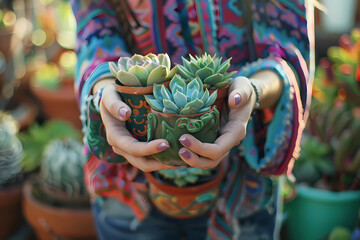 young woman handing pots of succulents