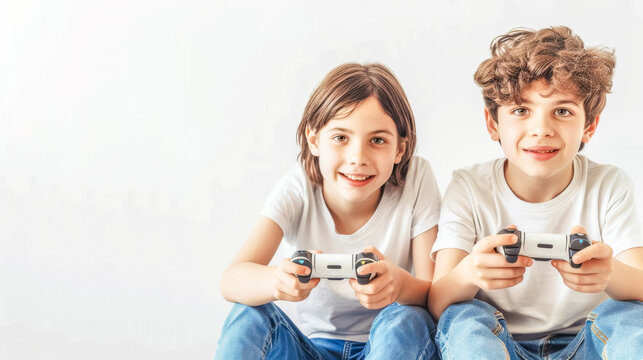 Two children playing video games together