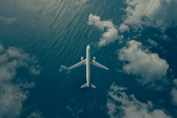A passenger plane flying in the clouds over the sea, a view from above from the height of the aircraft
