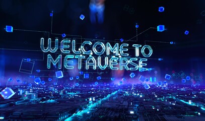 Welcome To Metaverse - businessman working touching with augmented virtual reality at night office