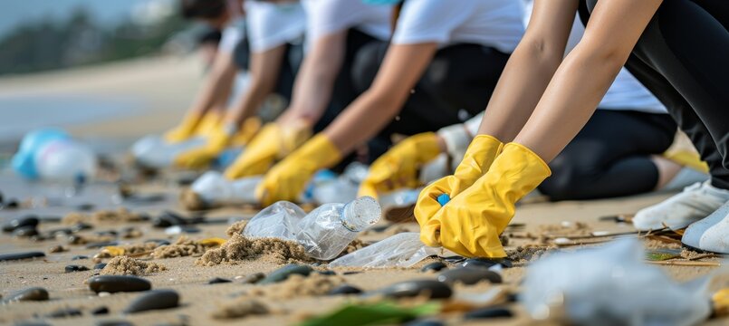 Multigenerational volunteers cleaning trash on pebbled beach in eco friendly outfits.