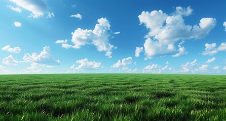 A vast field of lush green grass under a clear blue sky.