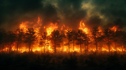Uncontrollable blazes: forests devastated, a looming catastrophe on a global scale. - obrazy, fototapety, plakaty