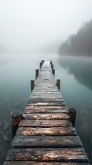 A weathered pier extends into a misty lake, capturing rustic grace and the authenticity of serene landscapes