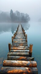 A weathered wooden pier in a misty lake captures rustic grace and serene authenticity of landscapes
