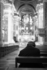 Older gentleman sitting in the church. Black and white photo. Selective focus.