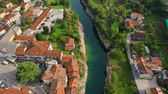 Aerial view of the Kanal ob Soci town in Slovenia.