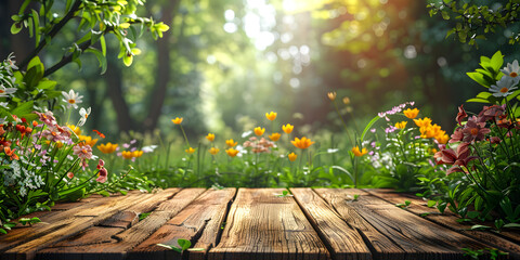 A beautiful spring background with a wooden table set in a lush green garden, adorned with colorful spring flowers and an empty space, illustration generative AI. - obrazy, fototapety, plakaty
