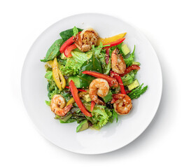 Healthy fresh salad with shrimp or prawns, avocado, lettuce, spinach, sesame, bell pepper and sauce in plate isolated on white background. Healthy food, top view