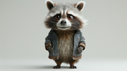 A cartoon character of a Raccoon in autumn clothes on a gray background. 3d illustration
