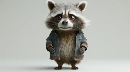 Fotobehang A cartoon character of a Raccoon in autumn clothes on a gray background. 3d illustration © Александр Лобач