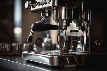 Professional espresso machine pouring fresh coffee into a cup - obrazy, fototapety, plakaty