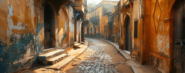 An old town alleyway reveals the charming asymmetry and weathered allure of its buildings and paths - obrazy, fototapety, plakaty