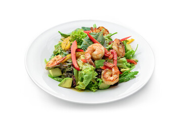 Healthy fresh salad with shrimp or prawns, avocado, lettuce, spinach, sesame, bell pepper and sauce in plate isolated on white background. Healthy food, top view