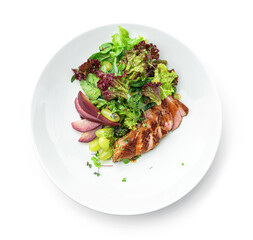 Healthy salad with medium rare beef steak, pear, grapes, lettuce, arugula, and sauce in plate isolated on white background. Healthy food, top view