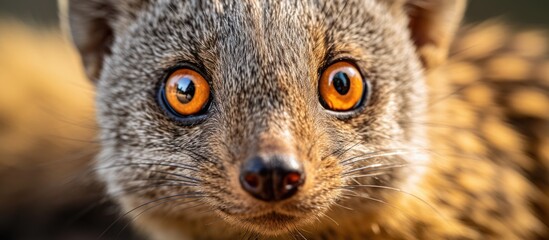 Fototapeta premium A closeup shot capturing the fawn fur and whiskers of a terrestrial animal, possibly a lemur, with orange eyes staring at the camera in a mesmerizing way