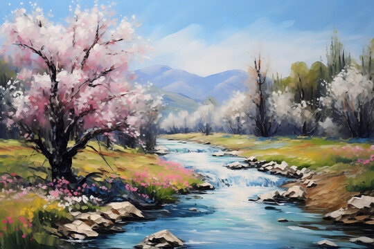 Spring California. Oil painting in impressionism style.