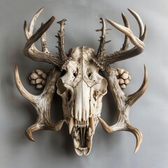 Deer skull with antlers mounted on a wall, showcasing natures intricate design.