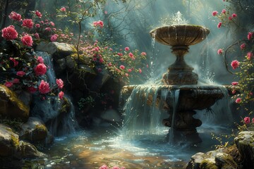 Enchanted garden fountain amidst flowering shrubs