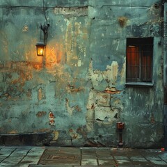 Quiet street corner at dawn, rustic grace and timeless authenticity captured in the first light and weathered textures