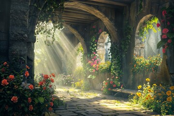 Sunlit archway in a blooming garden with benches