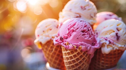 Fresh tasty organic ice cream in waffle cone