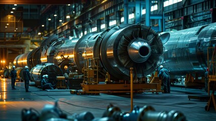 Close-up shot of technicians assembling warhead components inside a dimly lit factory 
