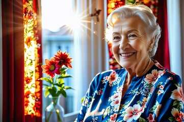 A woman in a floral dress is smiling and looking out the window
