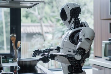 Humanoid robot in a kitchen cooking.