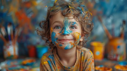 The child's laughter, paint-covered face, and vibrant exploration embody unfiltered reality - obrazy, fototapety, plakaty