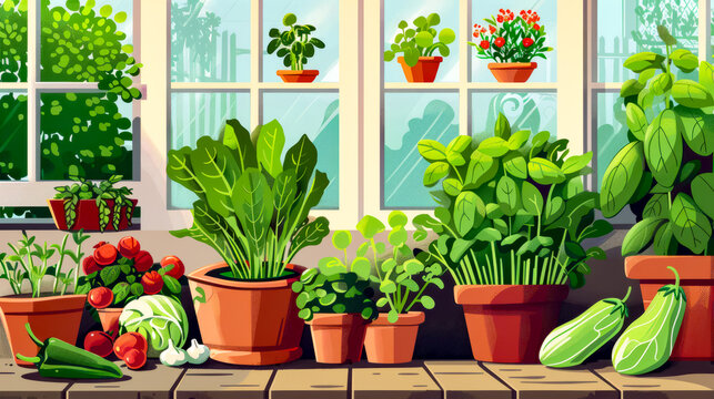 Group of potted plants sitting on top of wooden table next to window.