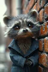 A raccoon in autumn clothes on the street